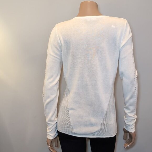 Laura Open Mesh Knit Cardigan Buttoned Front Eyelet Ivory White Sweater Medium - Picture 6 of 10